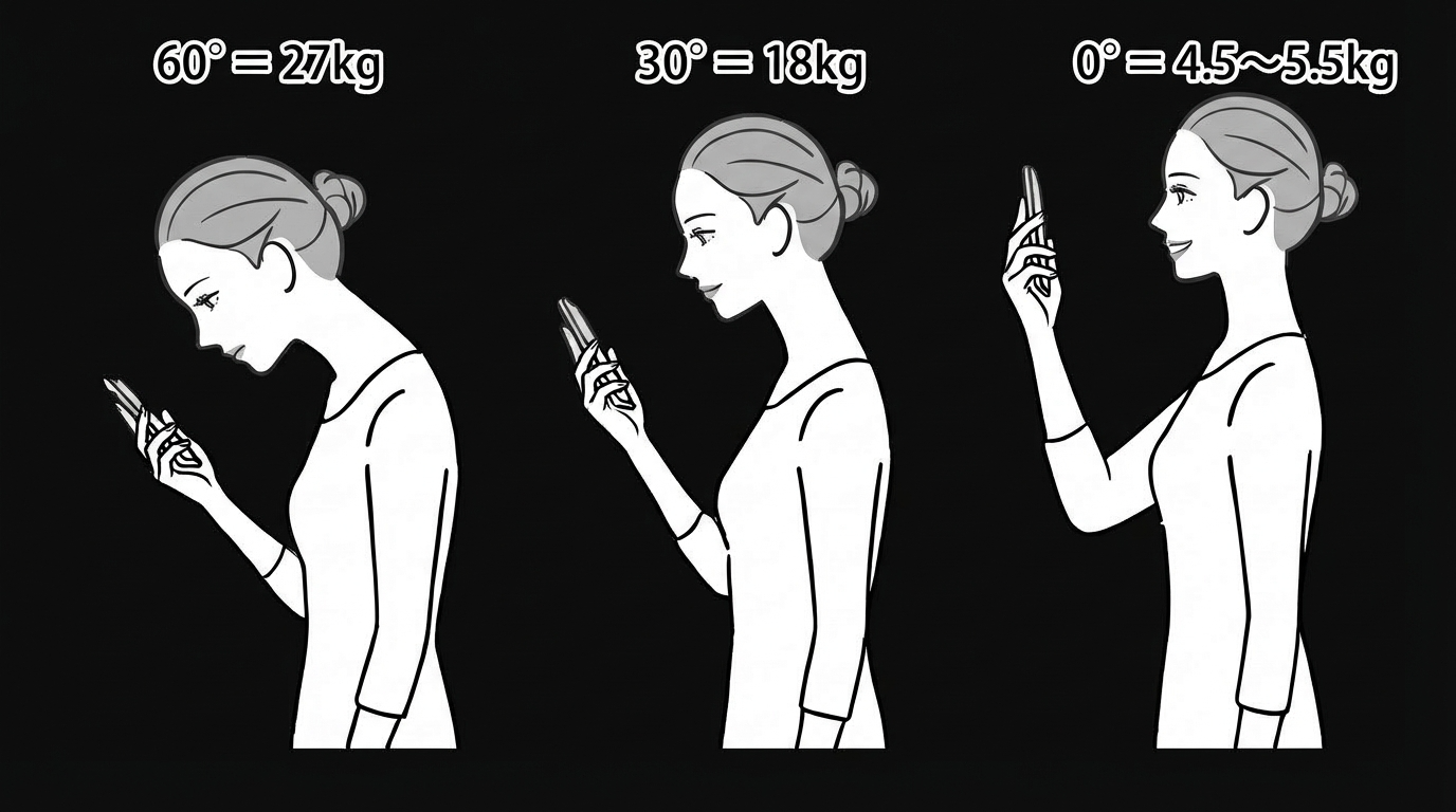 姿勢と首への負荷の関係図：0度で5kg、60度で27kg